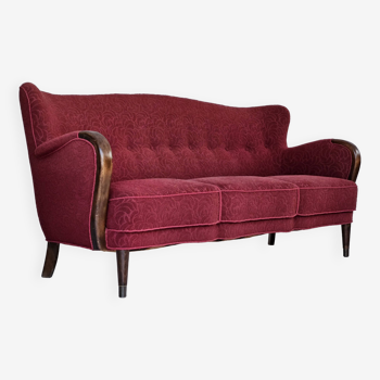 1950-60s, Danish 3-seater sofa, original condition, red cotton/wool, beech wood.