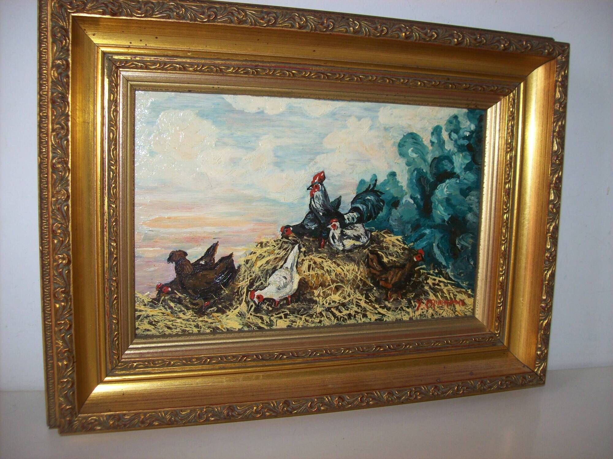 Oil on wood panel rooster and hens signed
