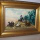 Oil on wood panel rooster and hens signed
