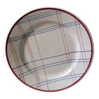 Large vintage Gien dish model Brigitte France hand painted gingham tile pattern