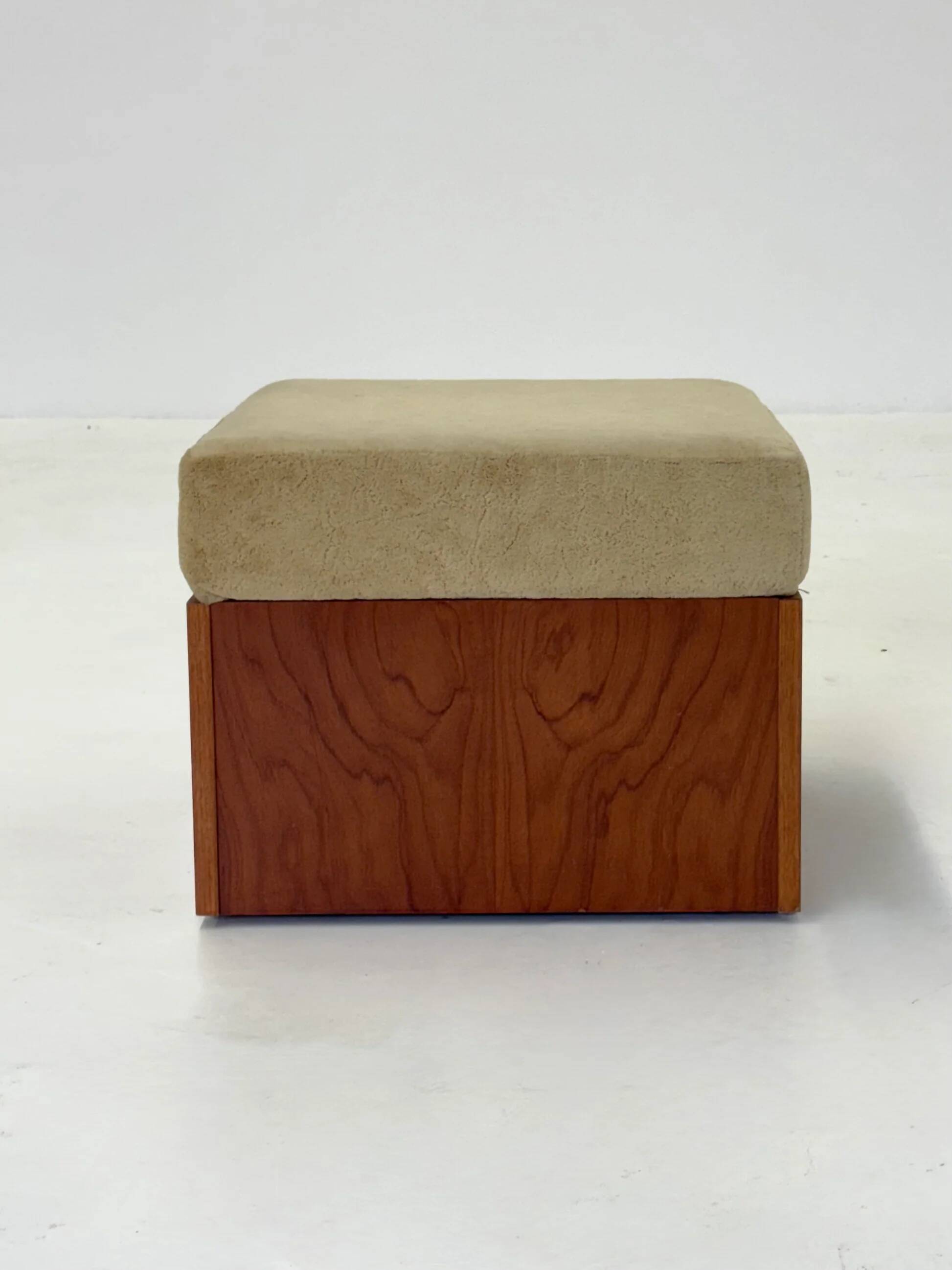 Vintage mid-century beige armchair with wooden frame and ottoman