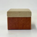 Vintage mid-century beige armchair with wooden frame and ottoman