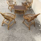 Vintage garden lounge in rattan 4 chairs 1 table