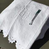 Old embroidered linen sheet MS scalloped edge hand