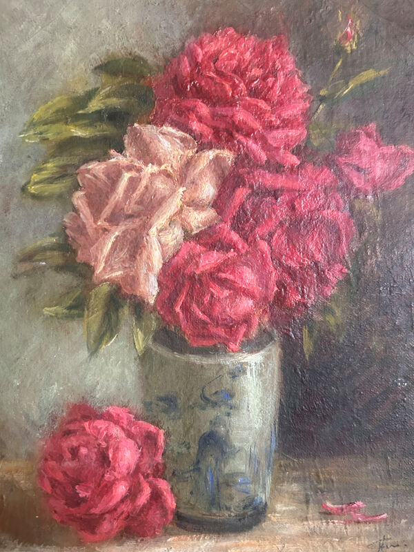 Tableau ancien Bouquet de roses ancien peinture à Huile , vers 1900 po