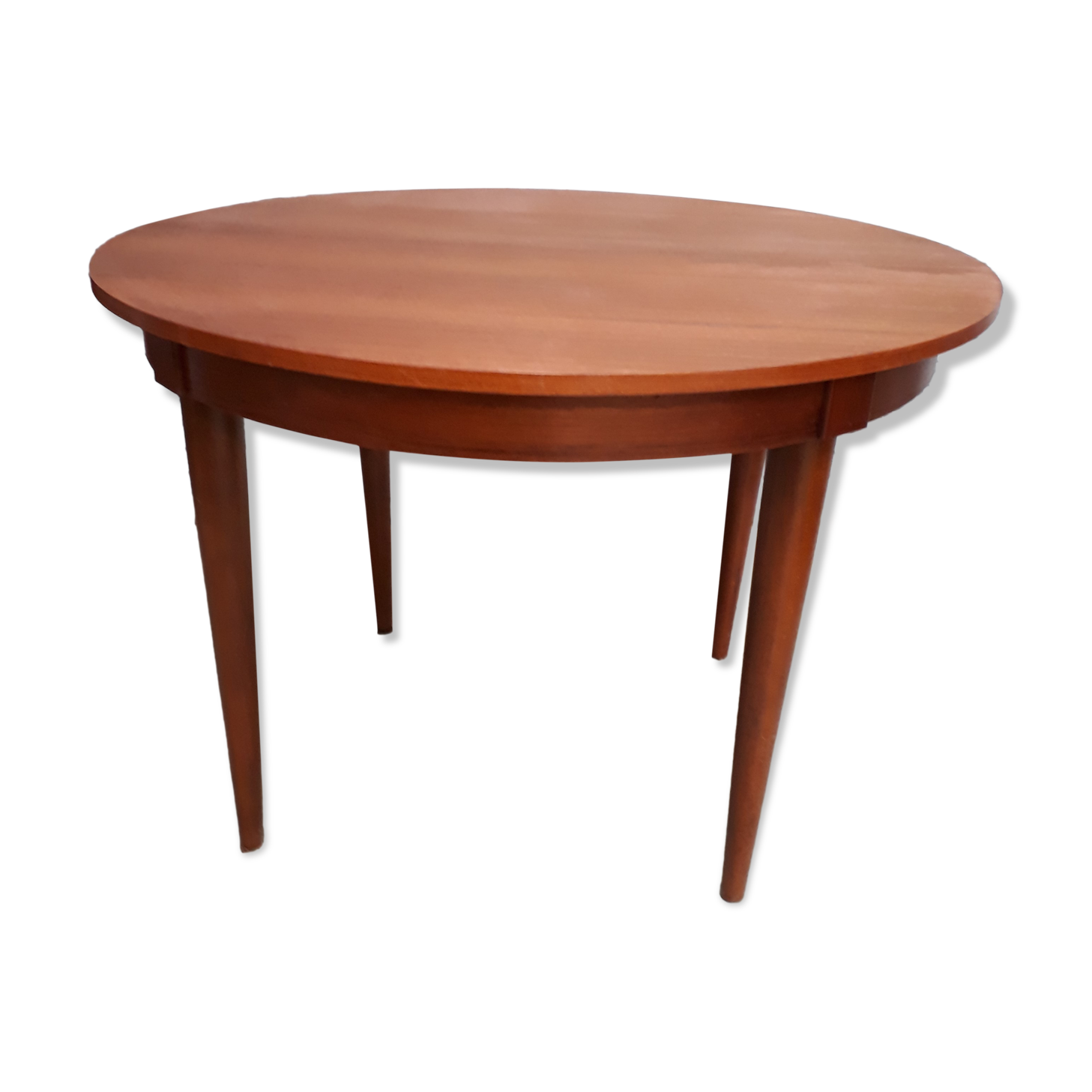 Scandinavian table 1970 teak veneer round 110cm with its 1.55cm butterfly extension