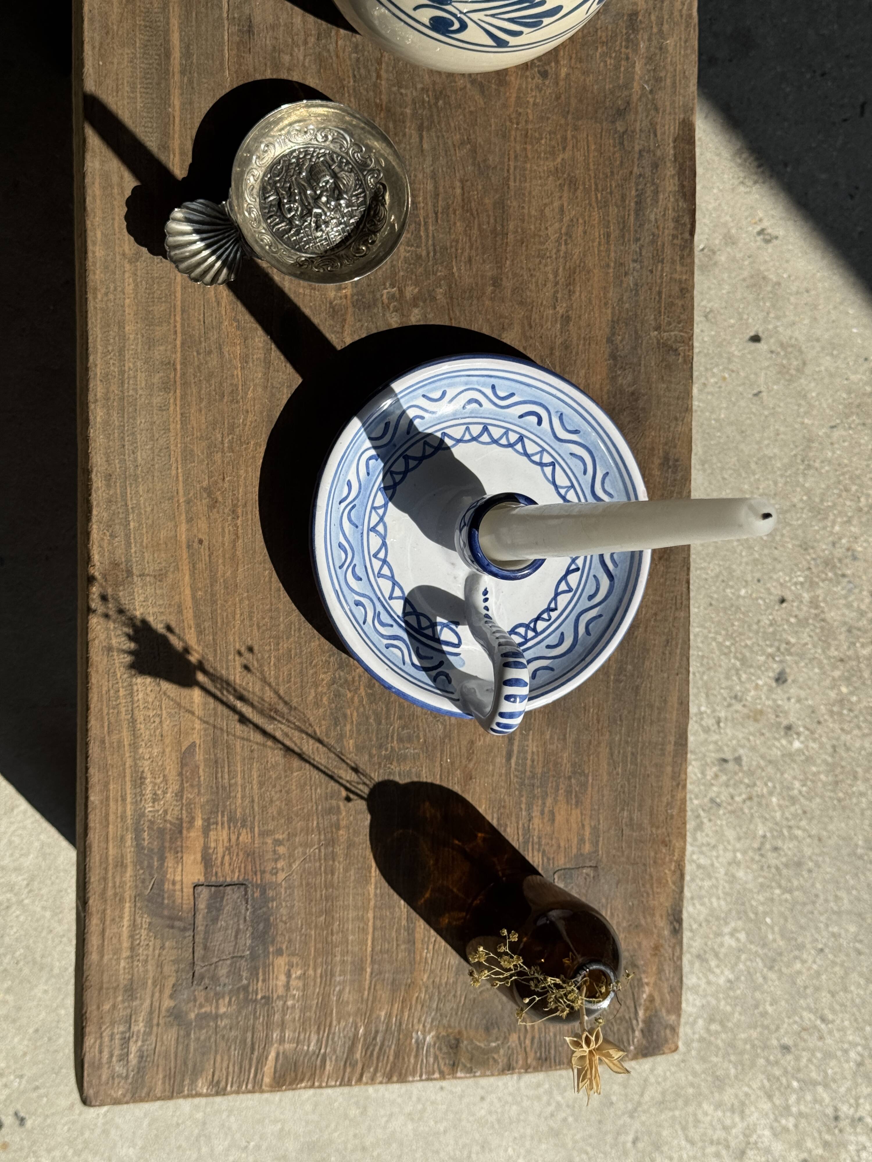 Small handmade white candle holder with blue geometric frieze pattern H7