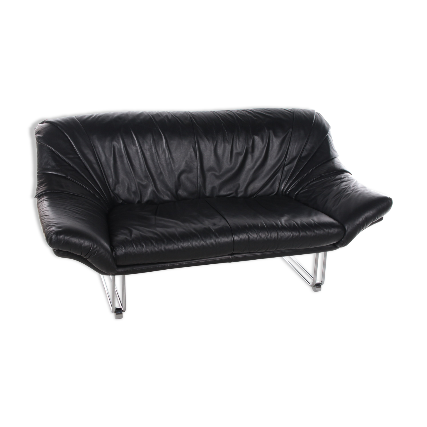 Italian Black leather Postmodern 2 seater sofa, 1970s