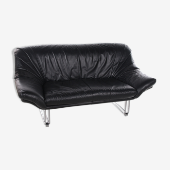Italian Black leather Postmodern 2 seater sofa, 1970s