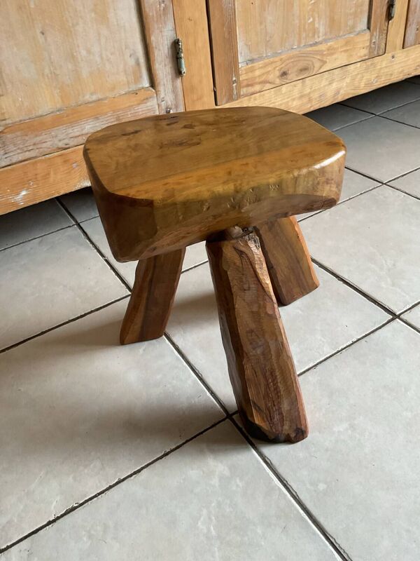 Tabouret tripode brutaliste bois Olivier design 50/60