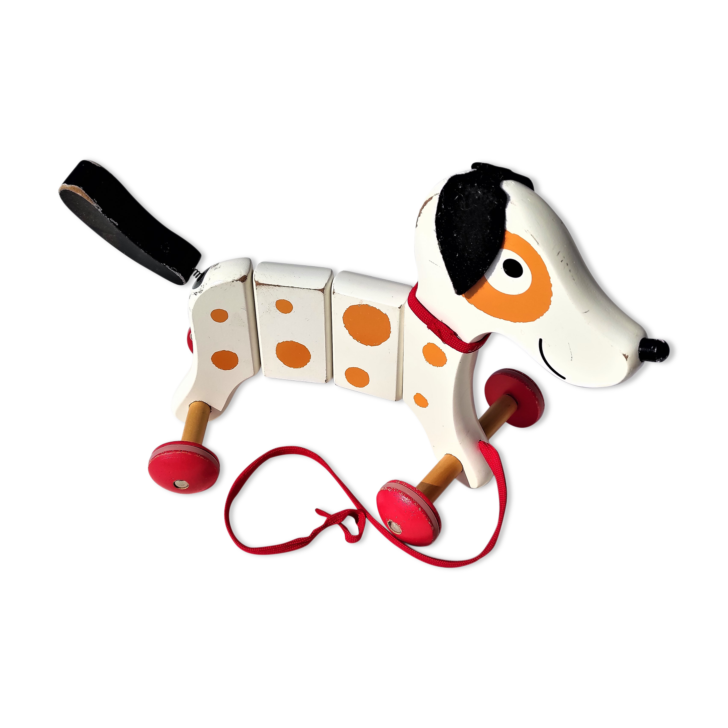 Jouet chien à tirer et articuler janod en bois peint vintage