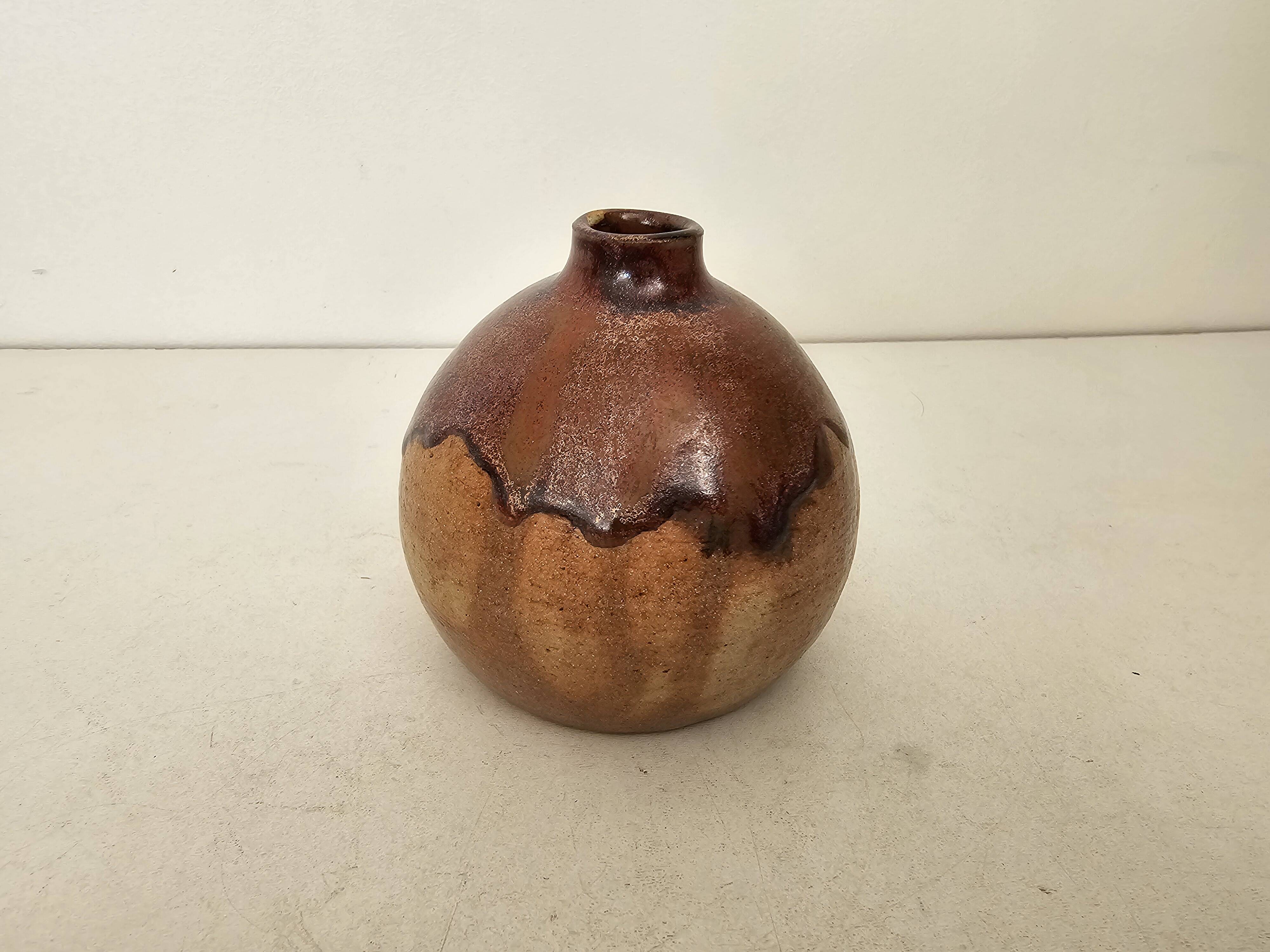 Glazed ceramic ball vase soliflore signed JL