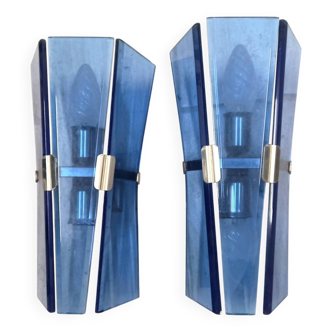 Pair of walllamps 70s blue glass