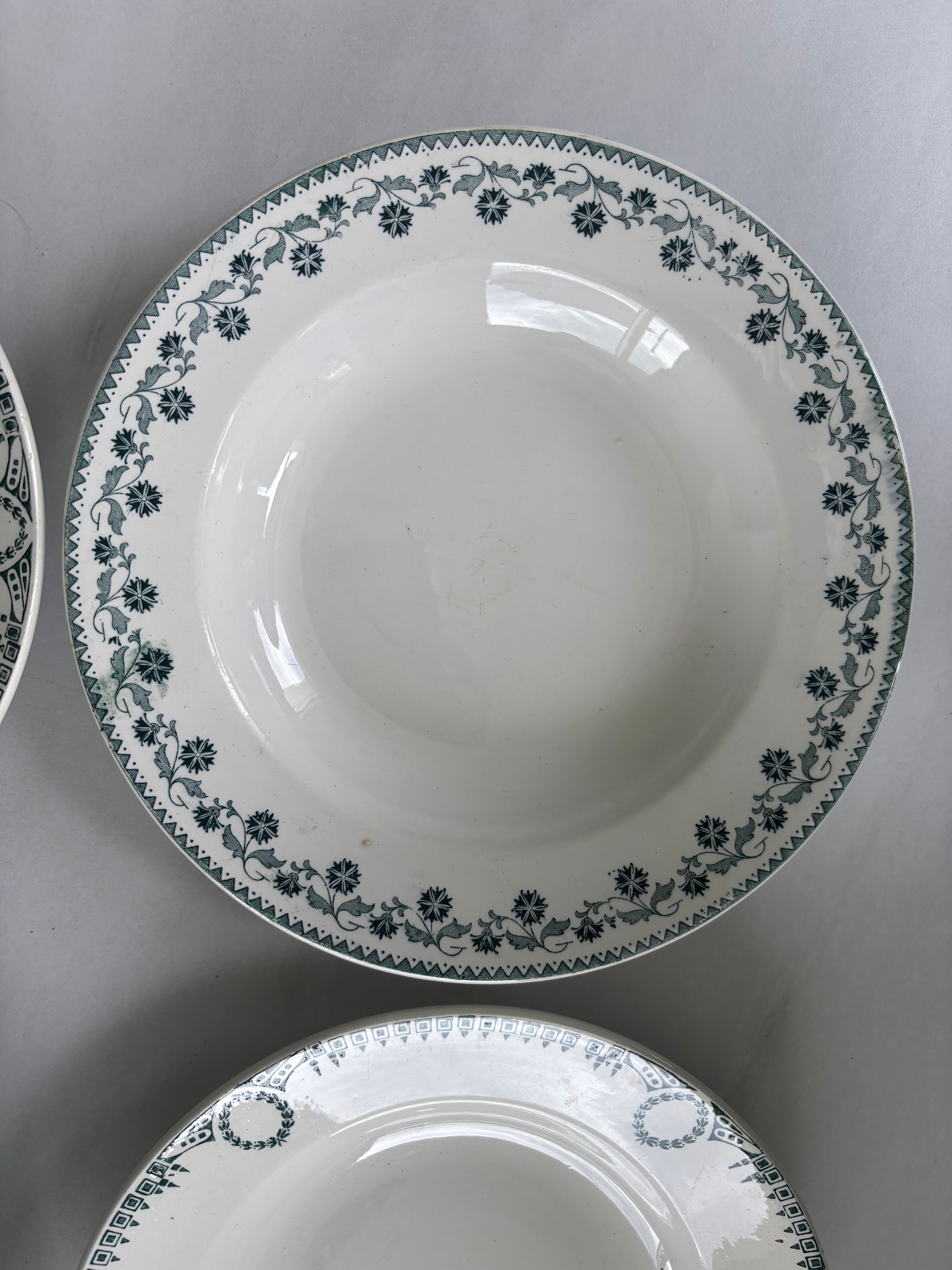 Set of 6 blue ironstone deep plates, antique French earthenware.