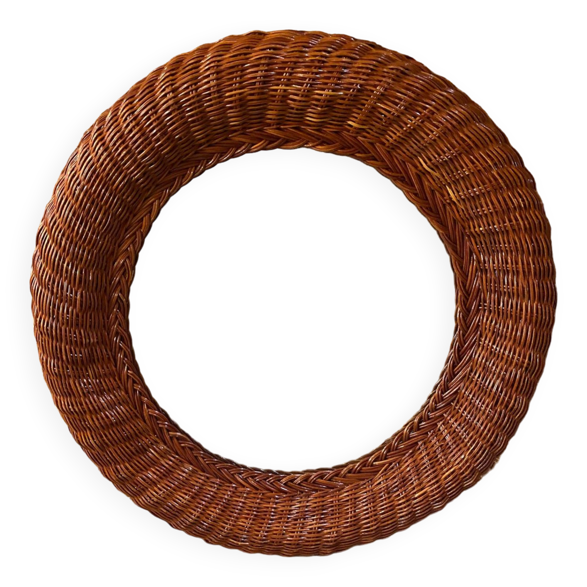 Old vintage round braided wicker mirror 1970s