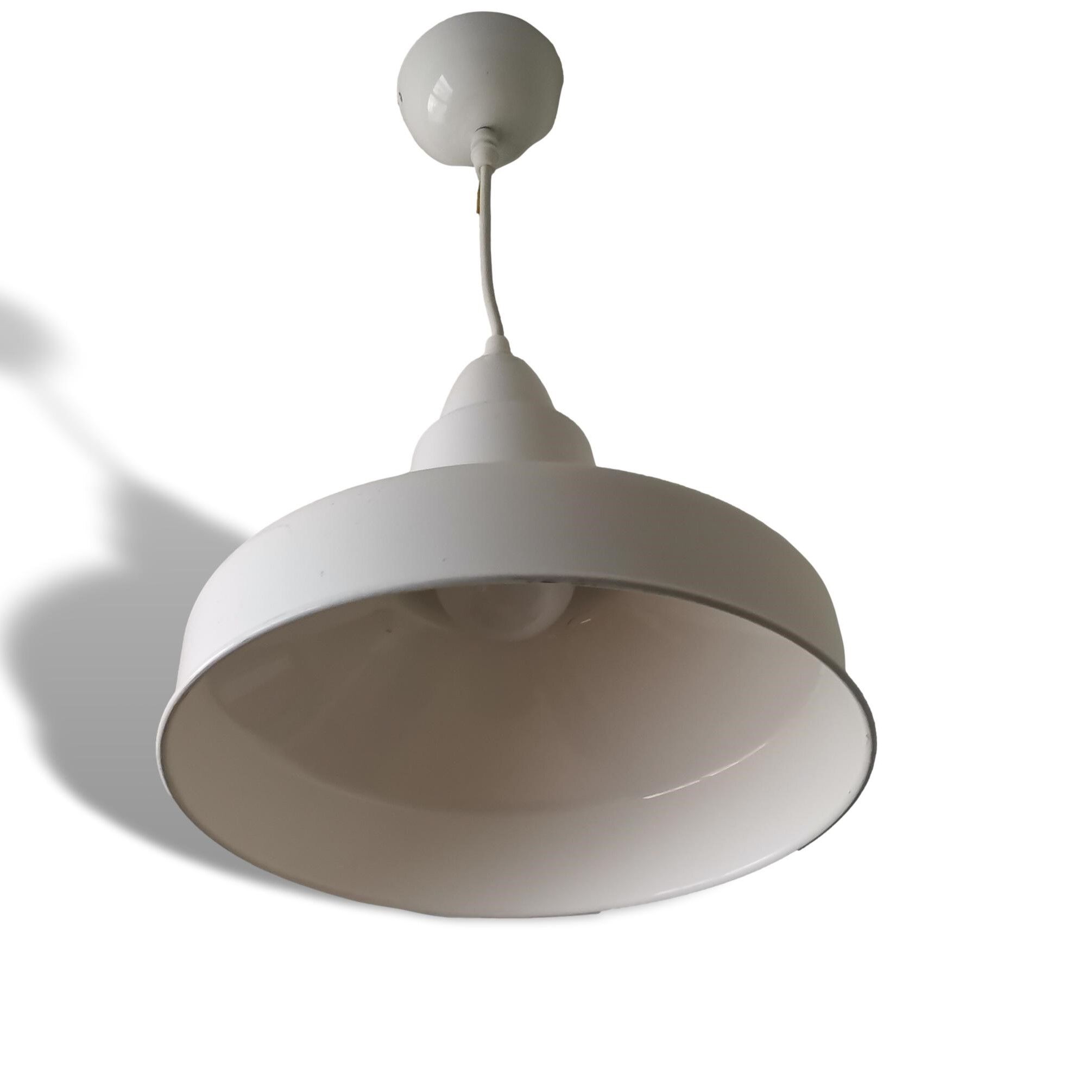 Scandinavian Industrial glossy white aluminium hanging lamp 1980s