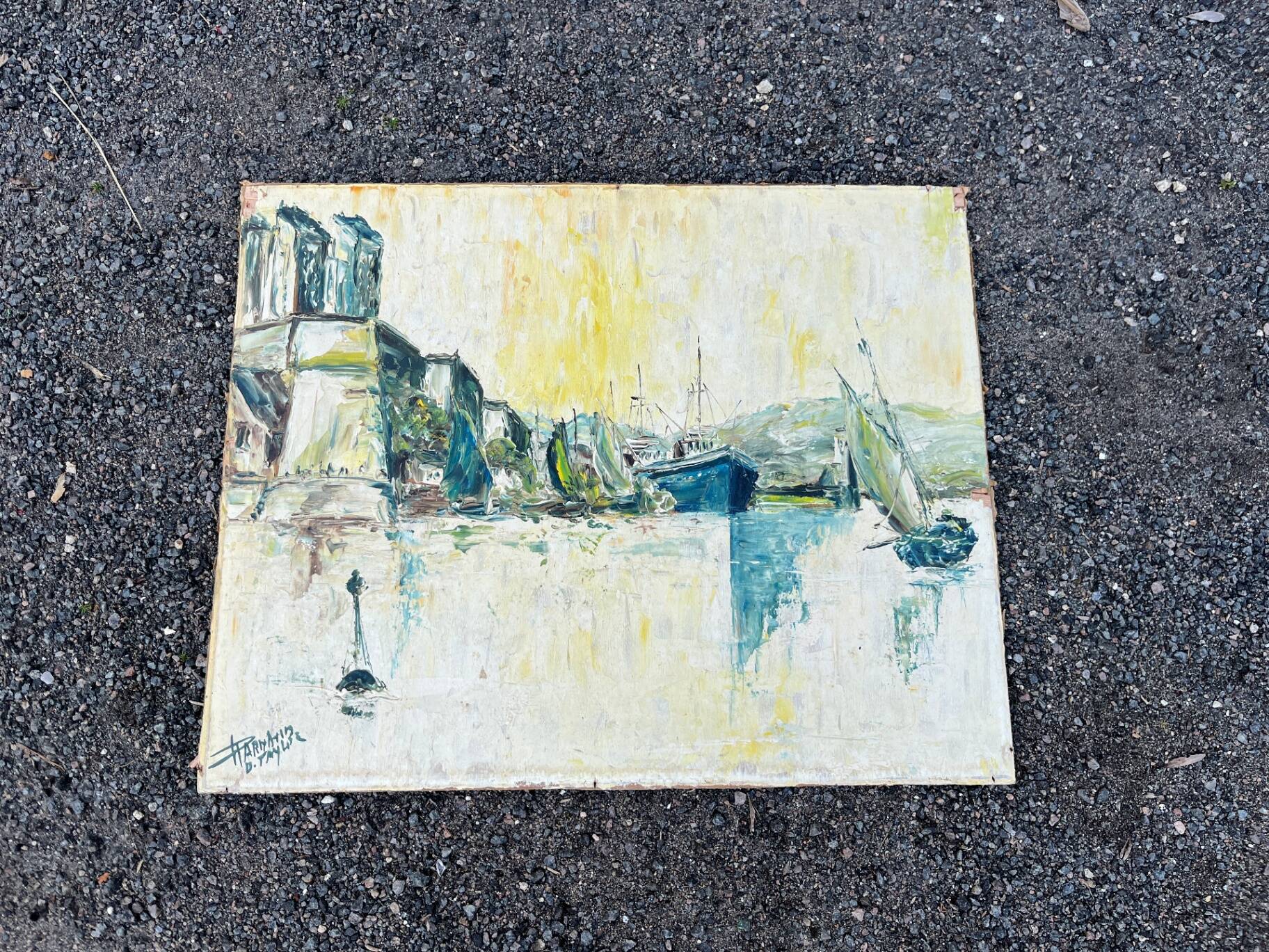 Animated view of a table with sailboats, signed.