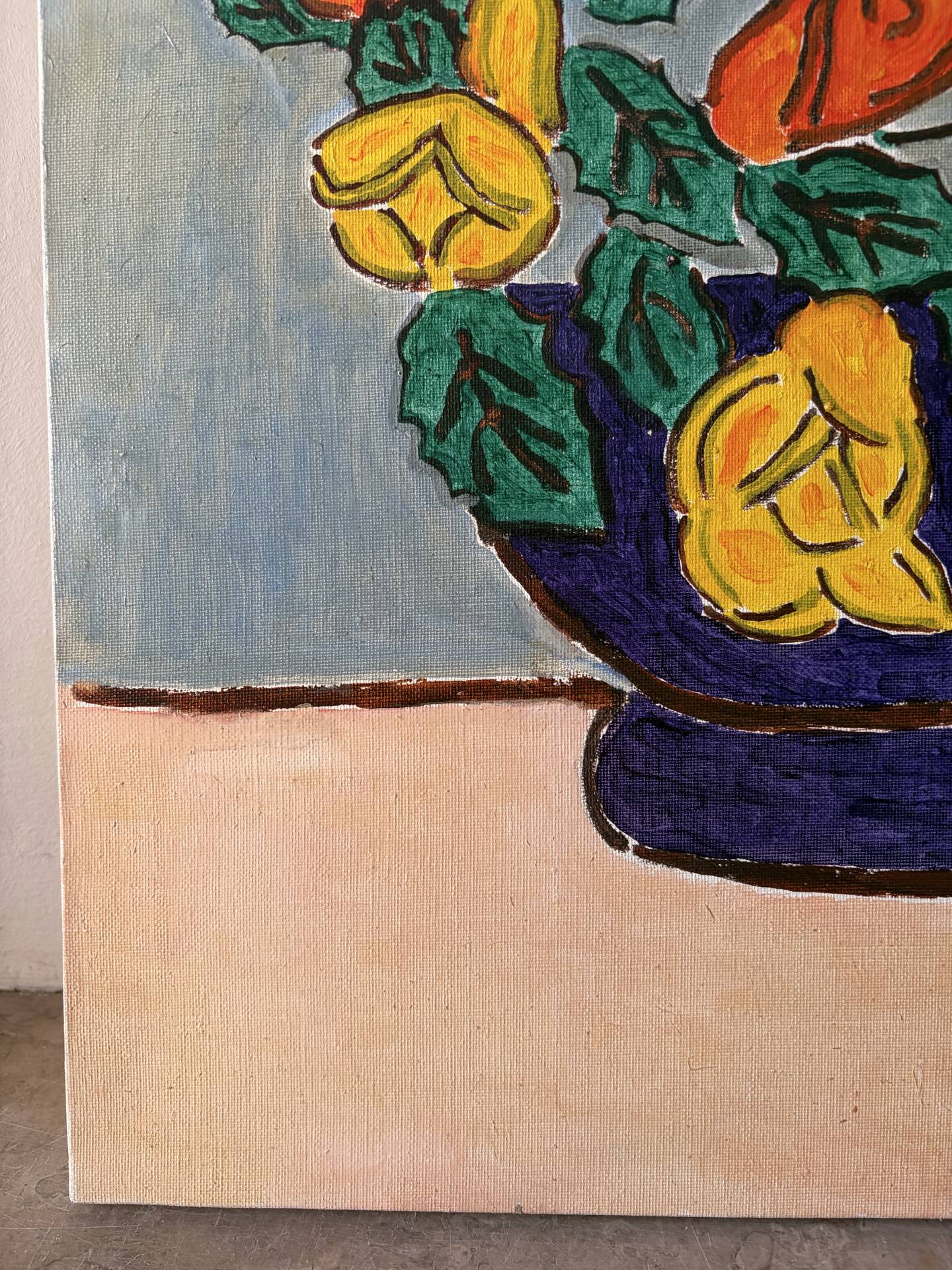 Blue bowl with flowers, oil on canvas signed 1982