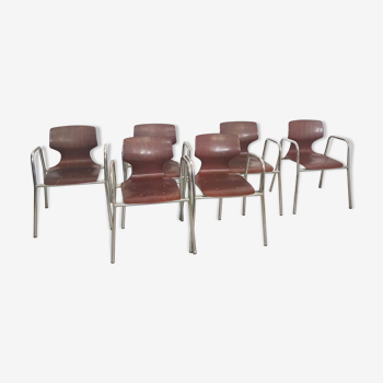 Set of Six Curved Beech Desk Chairs by Pagholz Flötotto with Armrests, Germany