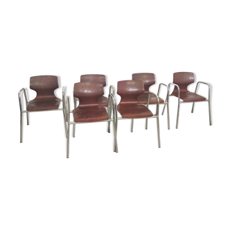 Ensemble de six chaises de bureau courbées en hêtre par Pagholz Flötotto avec accoudoirs, Allemagne