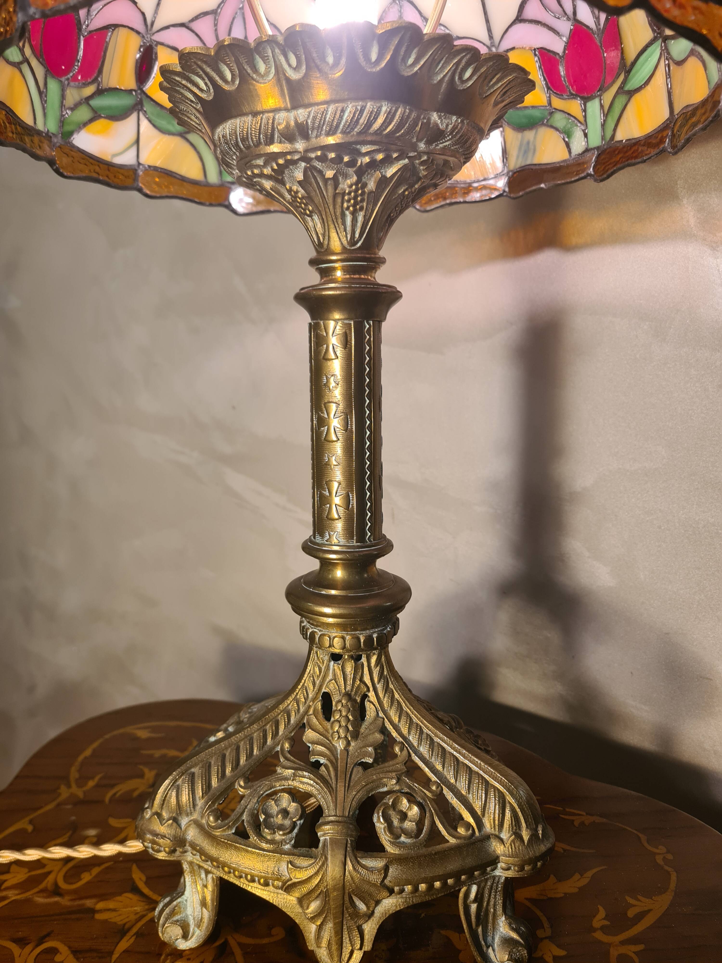 restored antique Art Nouveau bronze lamp, stained glass lampshade in Tiffany style