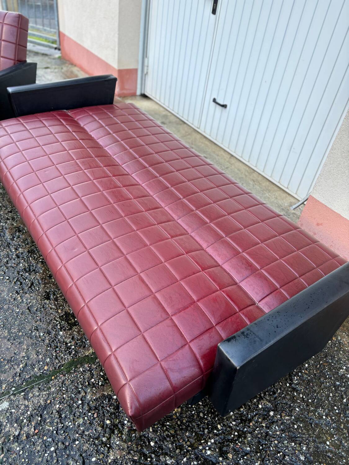 Vintage 70s red and black embossed sofa armchair set