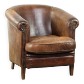 Fauteuil club en cuir de mouton vintage