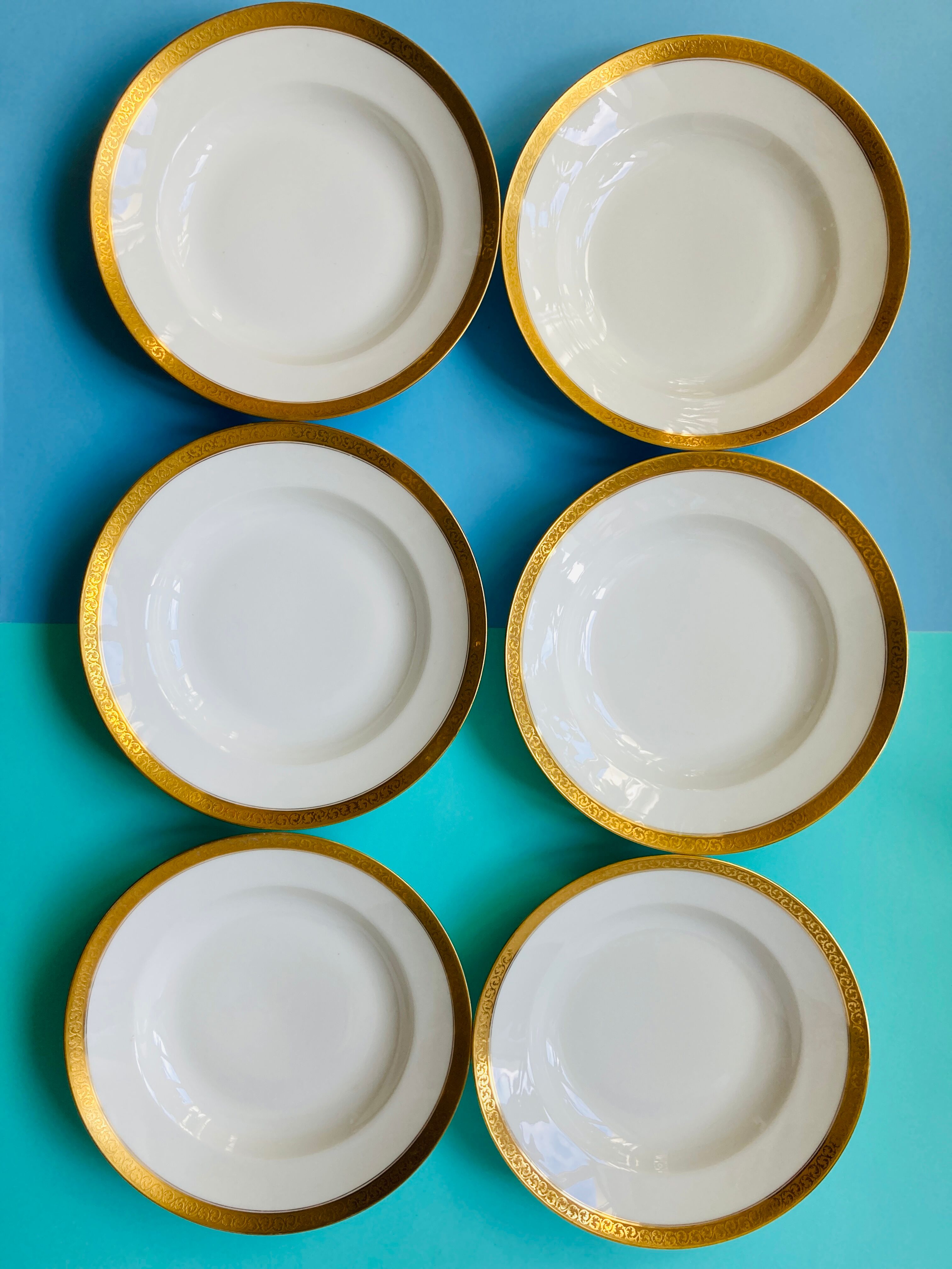 Lot 6 GDA white hollow plates golden edge 50s