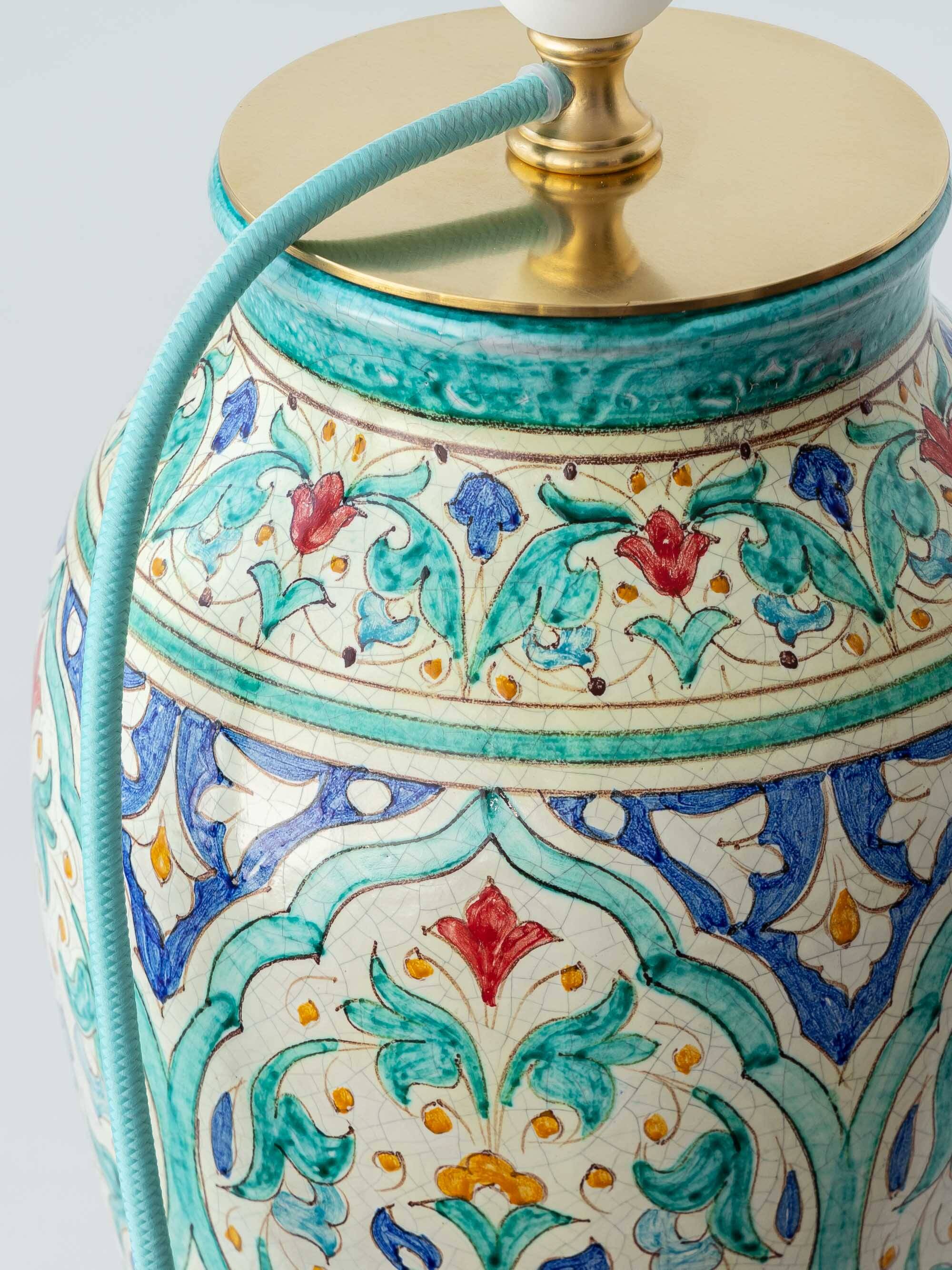 Spanish Moorish ceramic table lamp, new saffron silk shade.