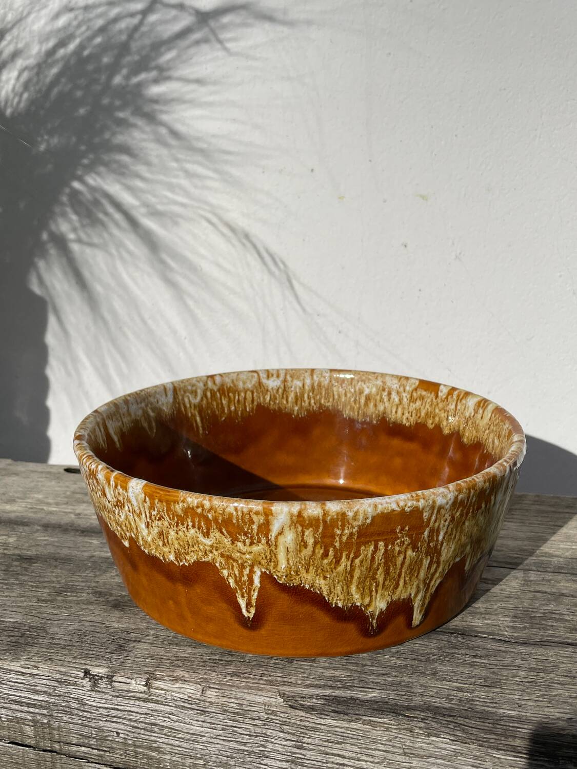 Ceramic salad bowl with beige drip glaze, 1970s pottery