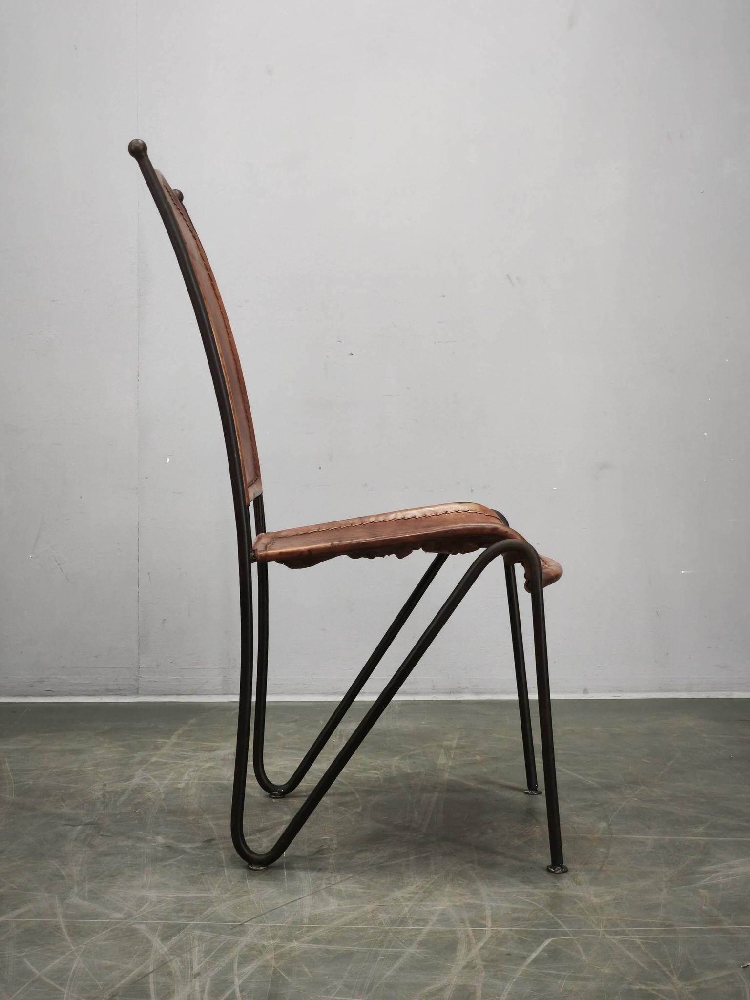 1990s European Brutalist Wrought Iron and Hand-Stitched Cognac Leather Dining Chair