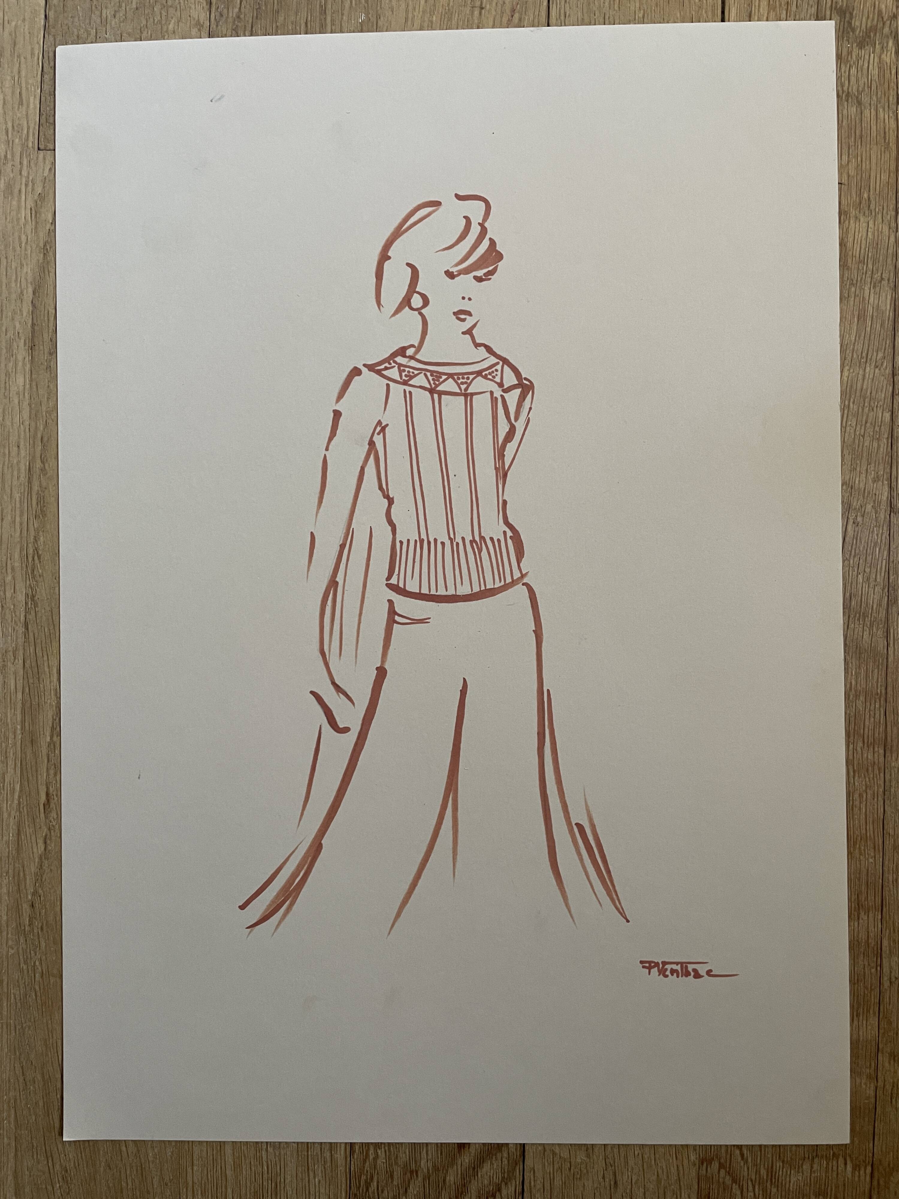 Painting signed in ink fashion engraving "study of a woman's sweater model"