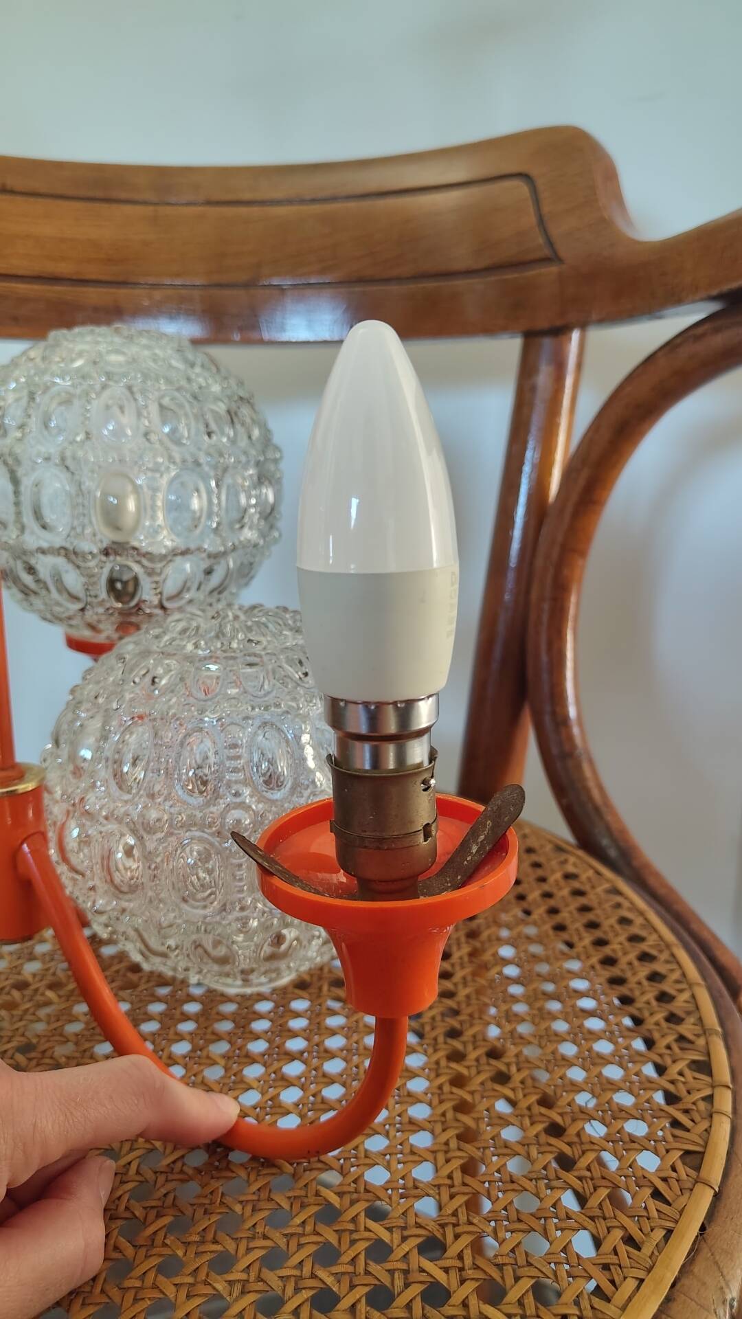 Suspension with 3 orange arms, mid-century, 1960s.