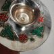 Silver-plated candle holders with inlaid red and green enamel
