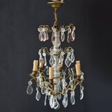 Chic lustre à pampilles bronze doré 6 feux enfilage verre ancien