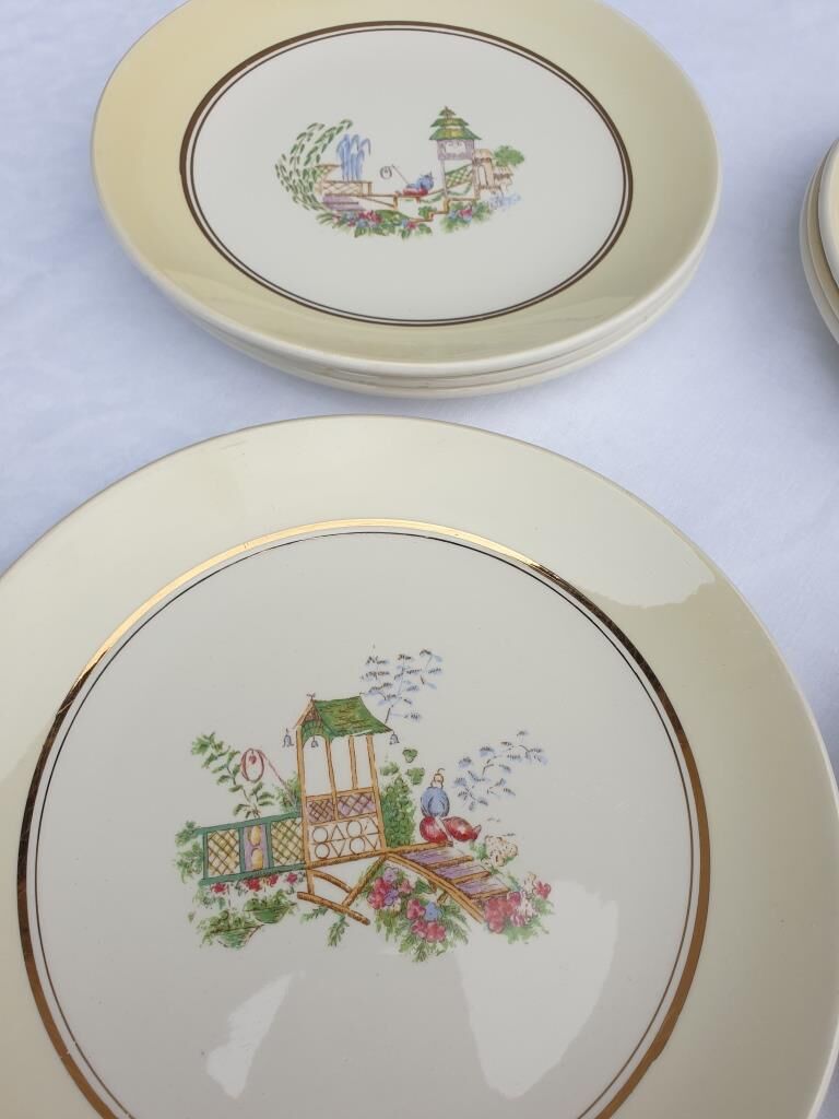 Set 12 plates Gien 1960 Japanese gardens variations in minor yellow