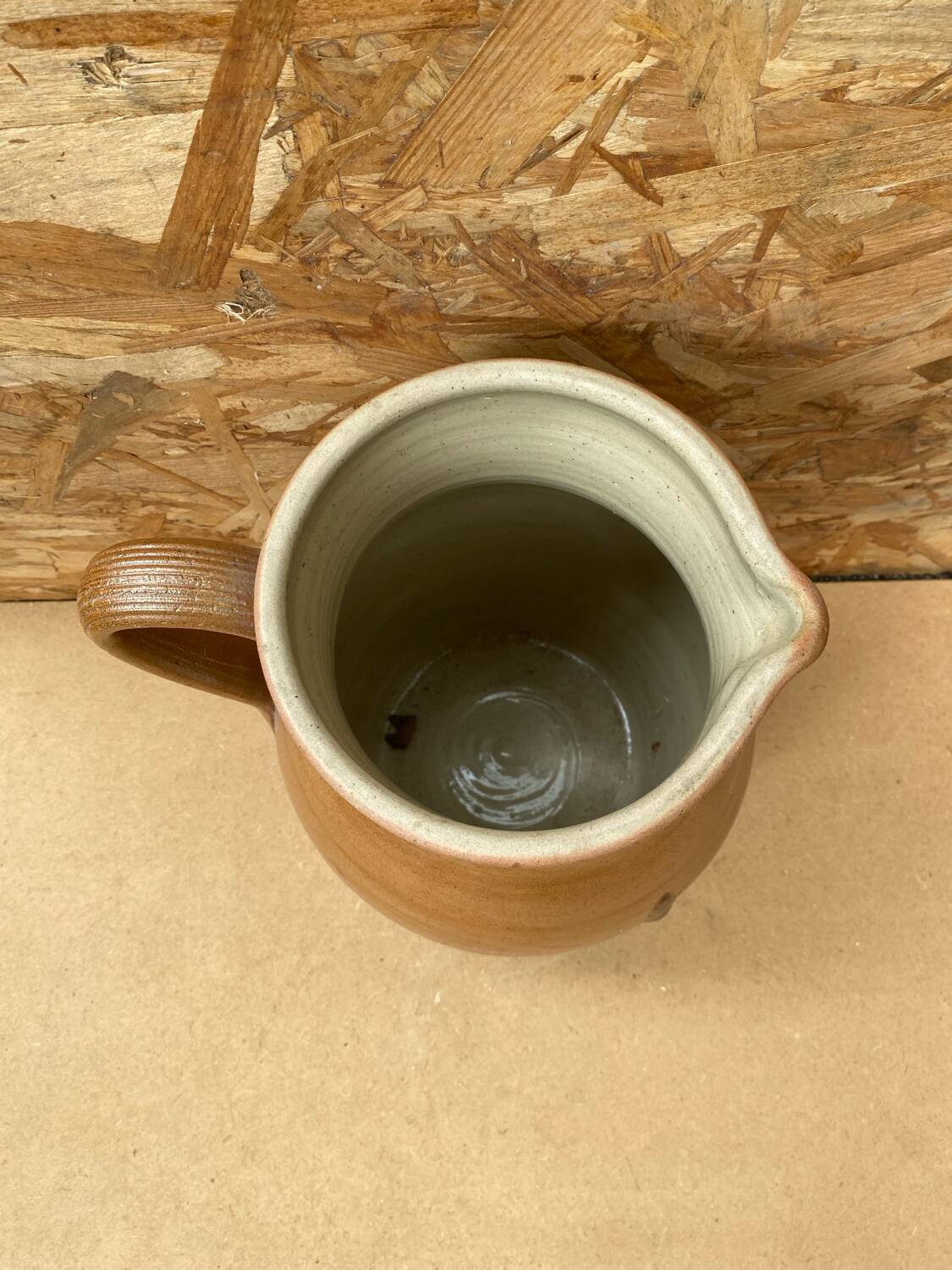 Antique pitcher 5 liters stoneware brown beige white interior vintage