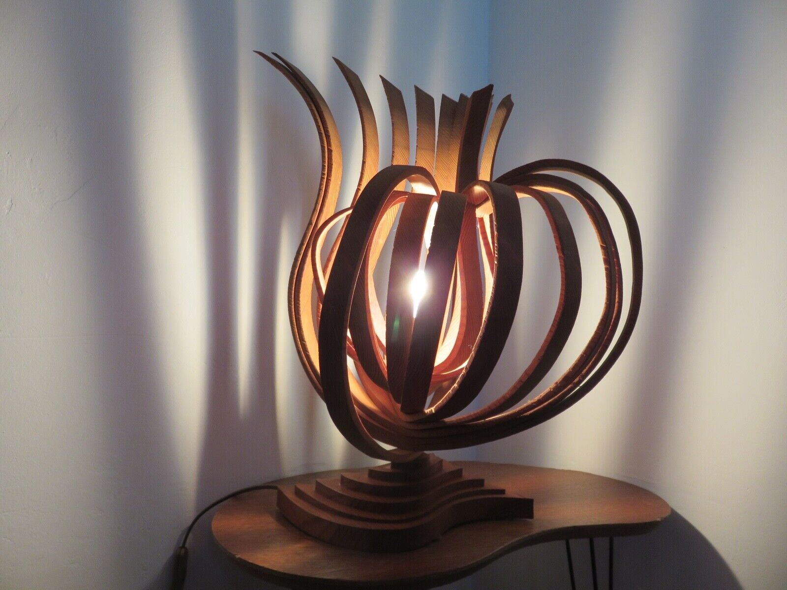 Large Scandinavian arched wooden lamp 60s 70s
