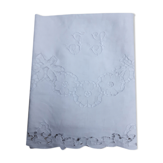 Drap de fil 2 personnes, monogrammé j.s, en broderie richelieu