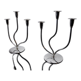 Pair of art deco candlesticks in stainless steel 3 flames, Spain, 1970