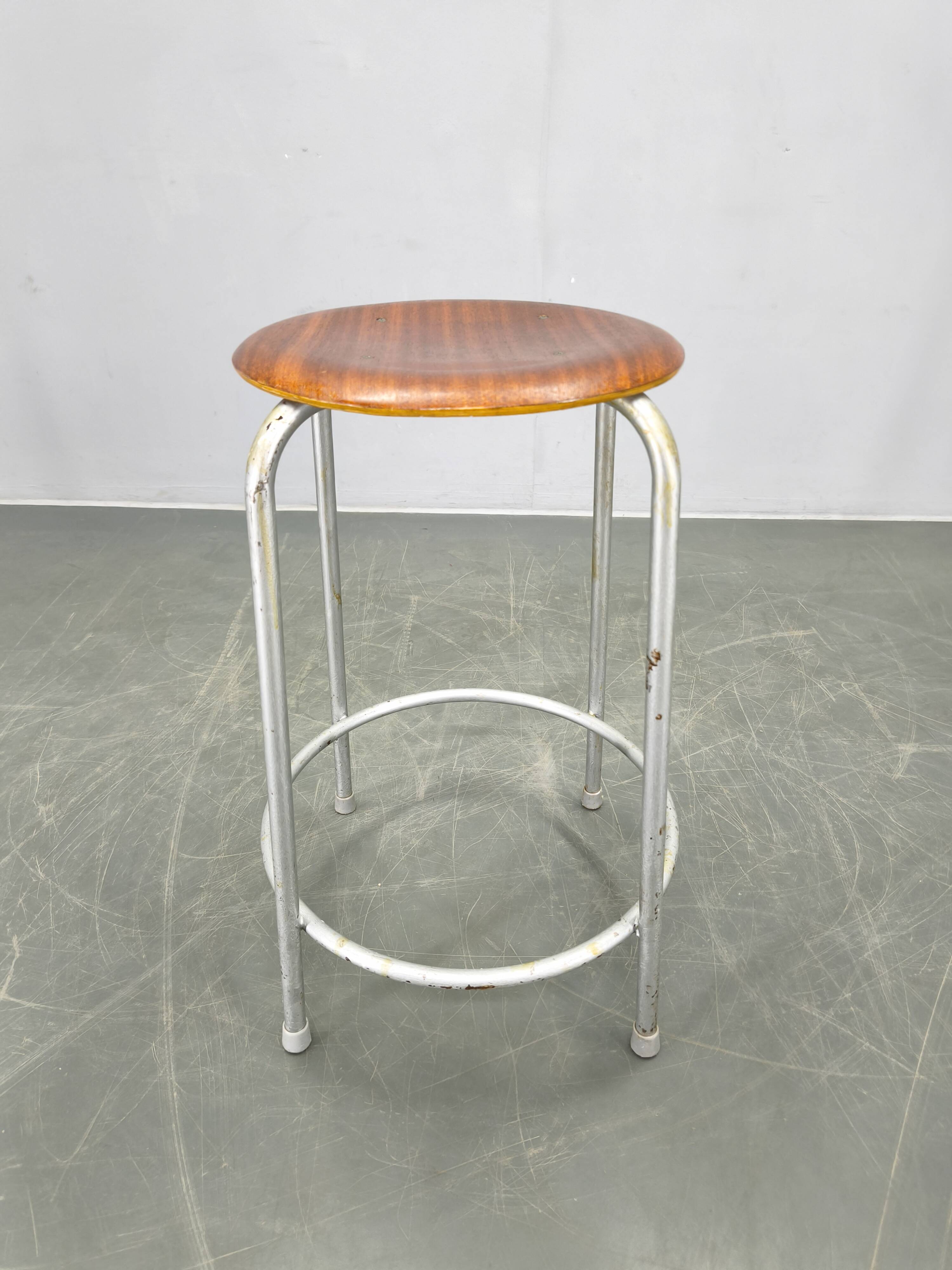 1950s German Industrial Stool with Plywood Seat
