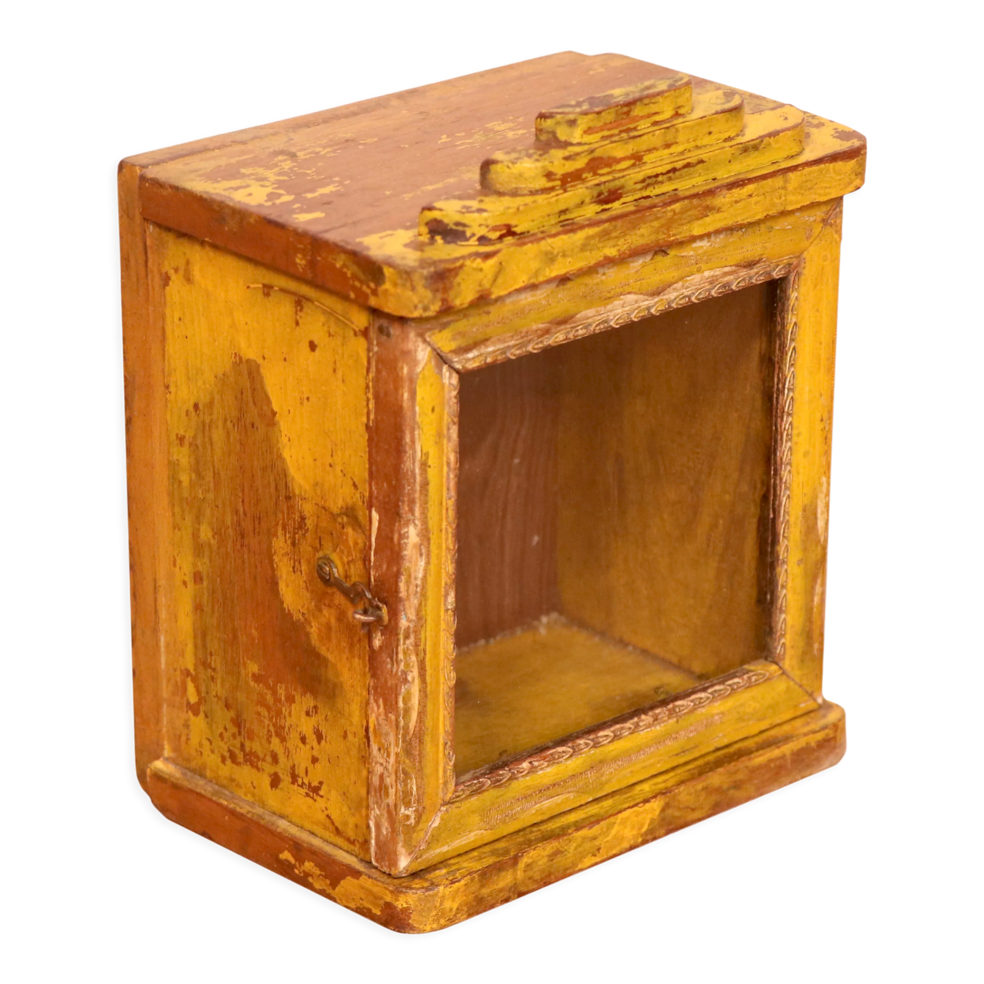 Old art deco wall showcase in original yellow teak