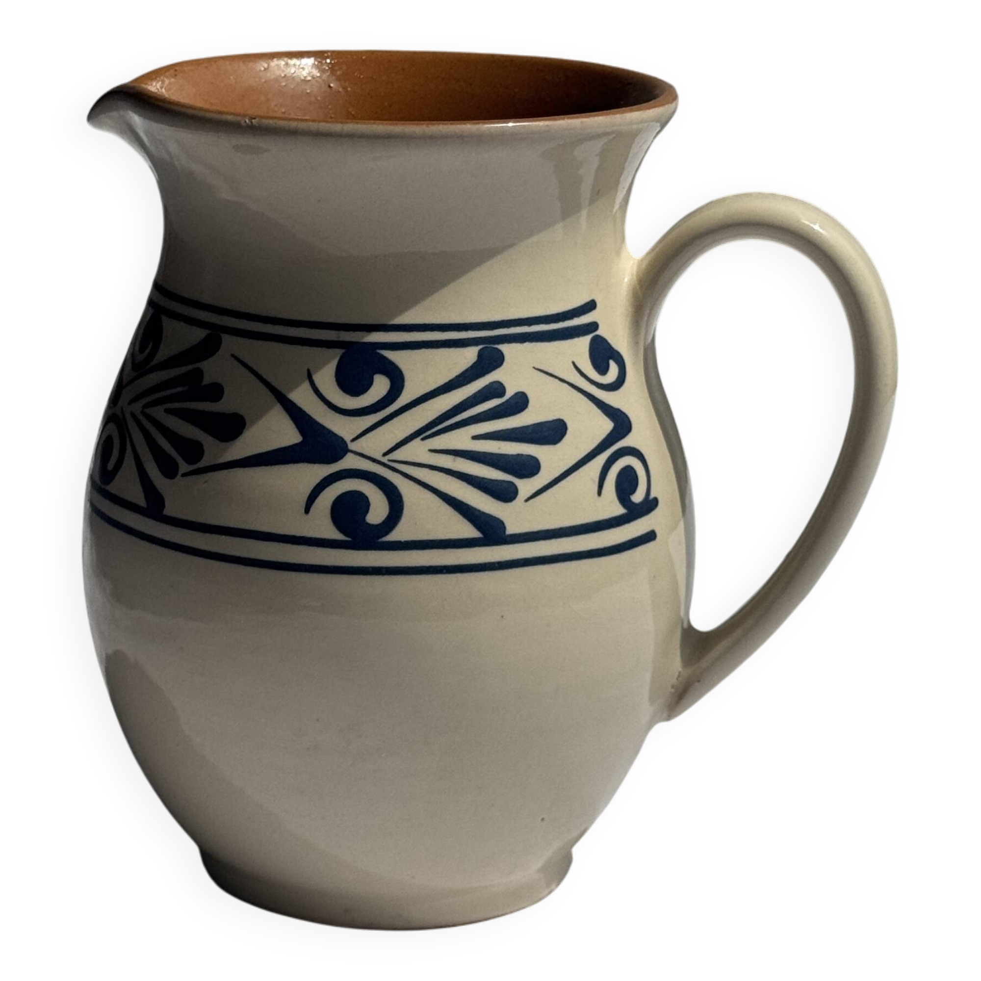 Vintage white pitcher with stylized blue plant frieze H17.5