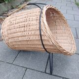 scandinavian  midcentury magazine holder in wicker and with metall legs