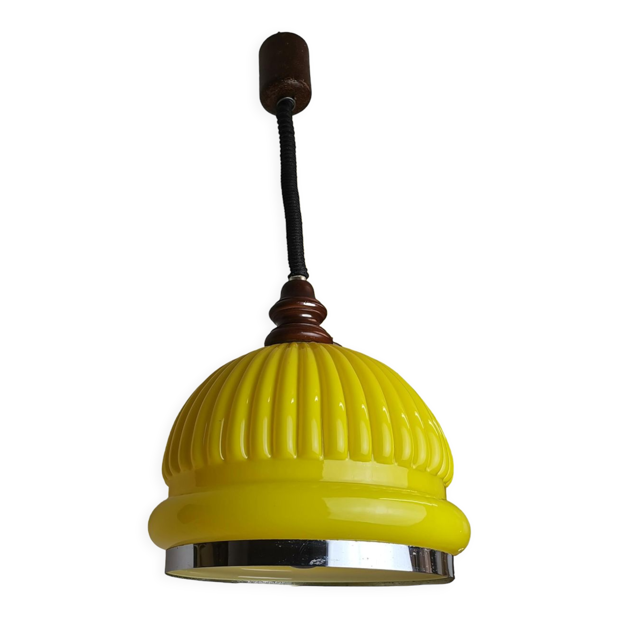 Yellow ribbed glass pull down hanging lamp 1970s