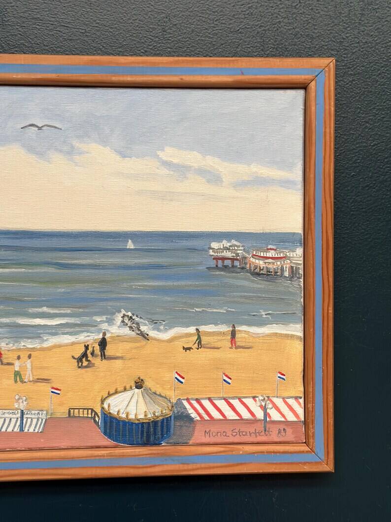 Original Swedish Oil on Canvas – "Day at the Beach" by Mona Starfelt – Signed – Dated 1989 – Framed