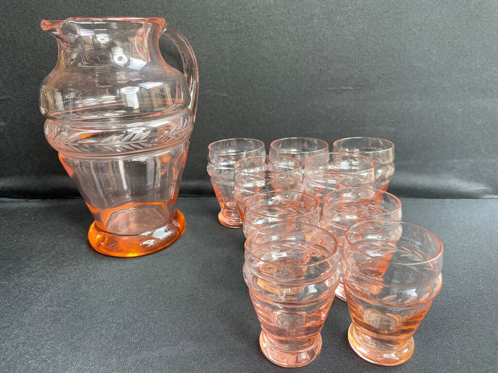 Service for 4 people - Art Deco - Glass or 1/2 pink crystal blown and cut