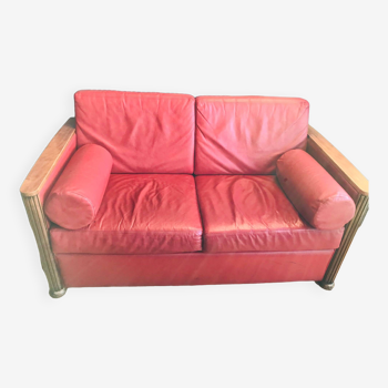Red leather sofa.
