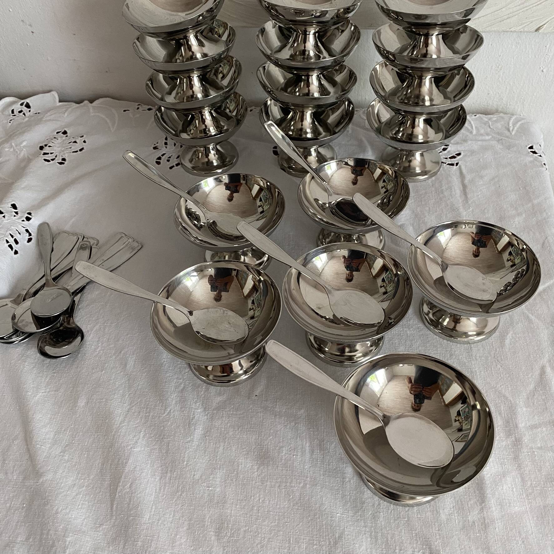 Stainless steel ice cream cups and spoons, 1960s-70s, original boxes.
