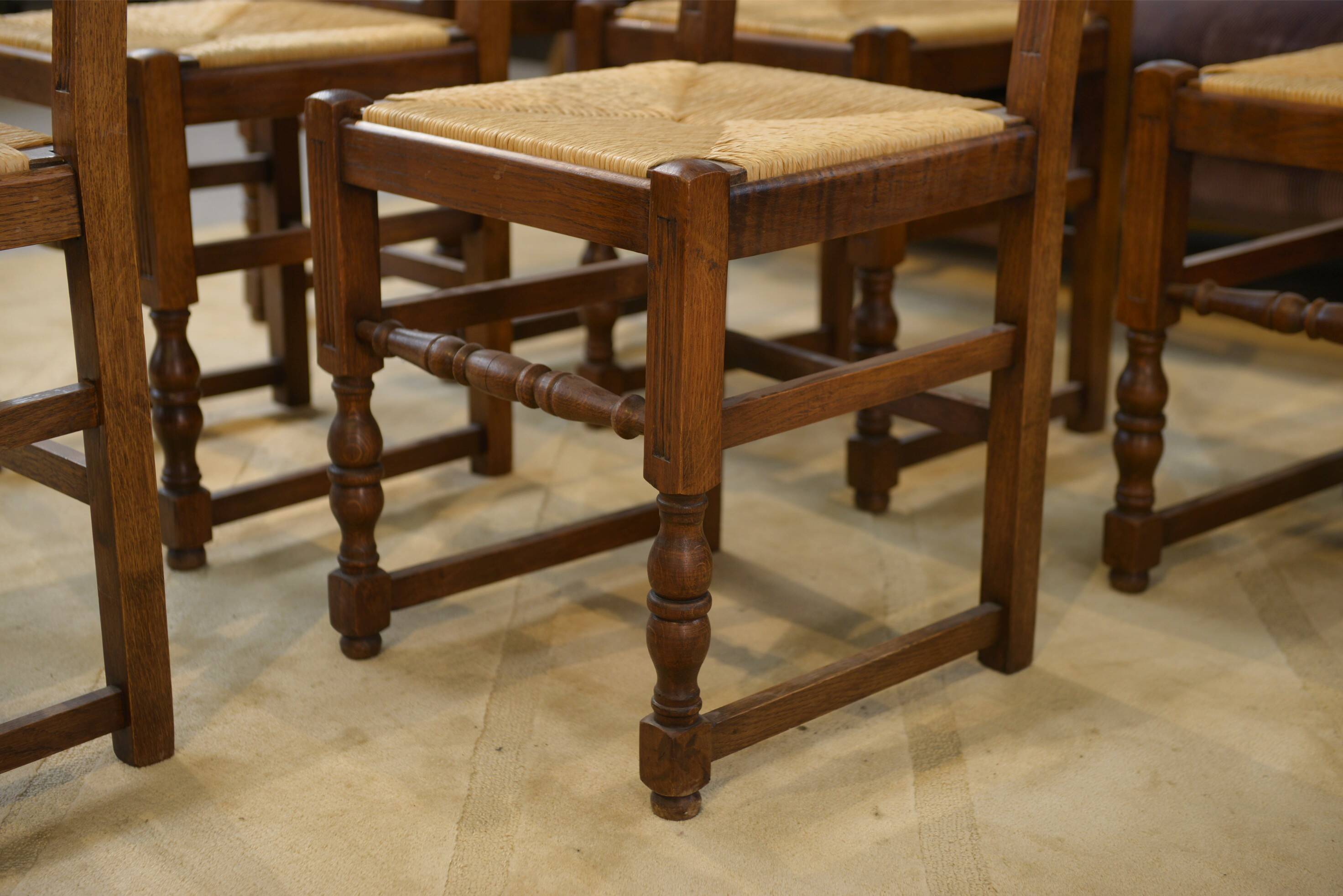 Set of 6 brutalist oak chairs from the 1950s.